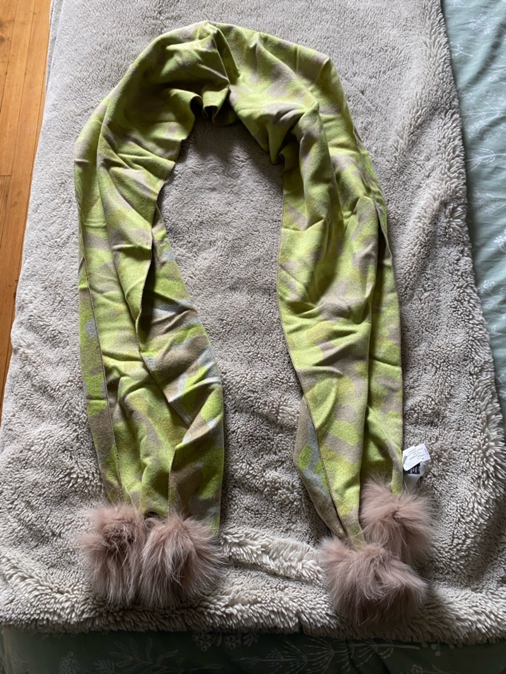 Mitchie’s Matchings Funky Green and Beige Camo Patterned Scarf with Fur Pom-Poms